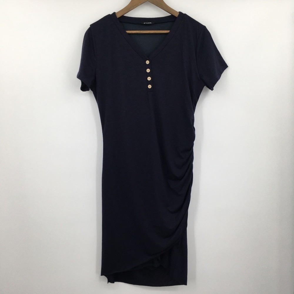 BTFBM Ruched Henley Mini Dress Womens L Navy Casual Minimalist Coastal Vacation